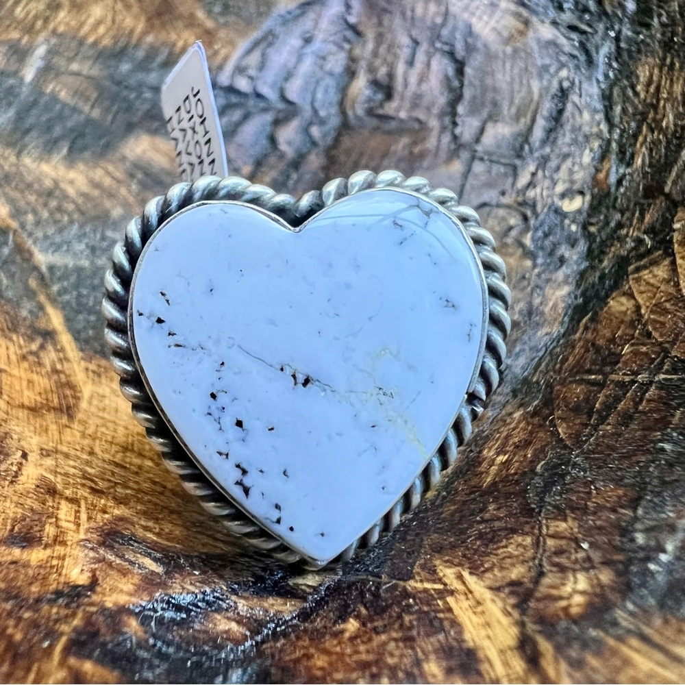 Johnny Dixon Navajo White Buffalo Heart Ring 925 Sterling Silver Adjustable